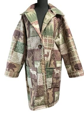 Camo Patchwork Blanket Jacket Upcycled Bedspread Forest Bear Deer Cabin